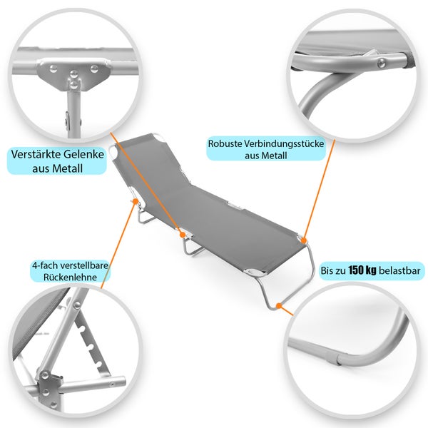 Liegestuhl mit Metallrahmen und verstellbarer Rückenlehne, belastbar bis 150 Kilogramm