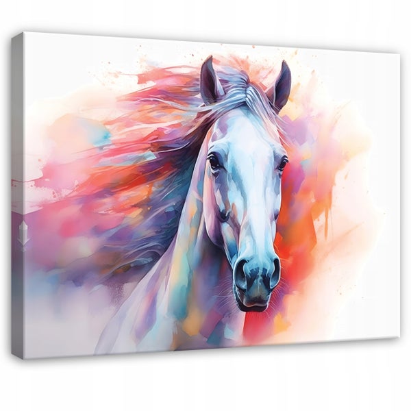 Leinwandbild mit einem Pferdekopf in bunter Aquarelloptik.