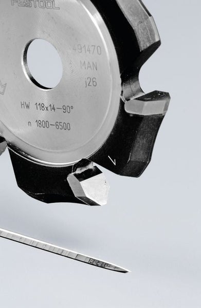 Festool V-Nutfräser aus Hartmetall, 118 mal 14 Millimeter, 90 Grad Winkel für präzise Fräsarbeiten.