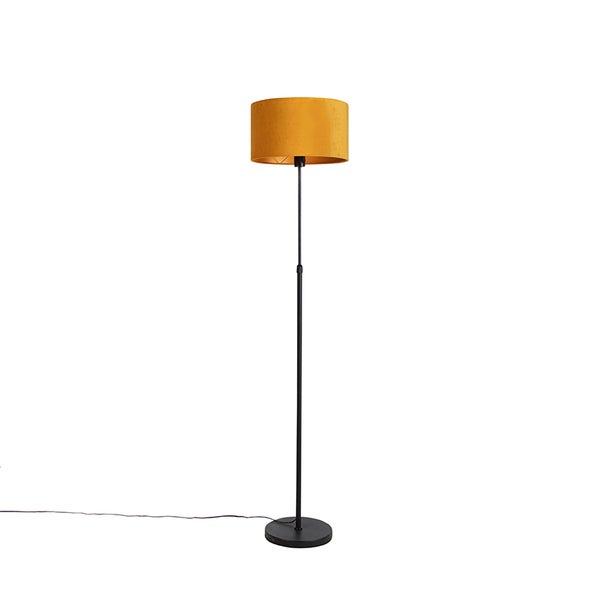 QAZQA - Landhaus I Vintage I Rustikal Stehleuchte I Stehlampe I Standleuchte I Lampe I Leuchte schwarz mit Veloursschirm ockergelb mit Gold I Messing 35 cm - Parte I Wohnzimmer I Schlafzimmer - Stahl