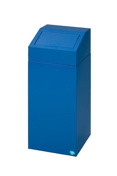 Blauer Wertstoffsammler aus Metall mit Einwurfklappe und schrägem Deckel.