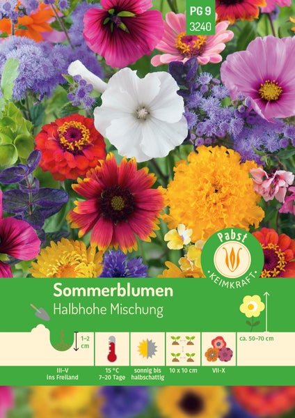 Samentüte Sommerblumen Halbhohe Mischung, Pabst Keimkraft Logo, Aussaat März bis Mai, Standort sonnig bis halbschattig, Wuchshöhe circa 50 bis 70 Zentimeter.