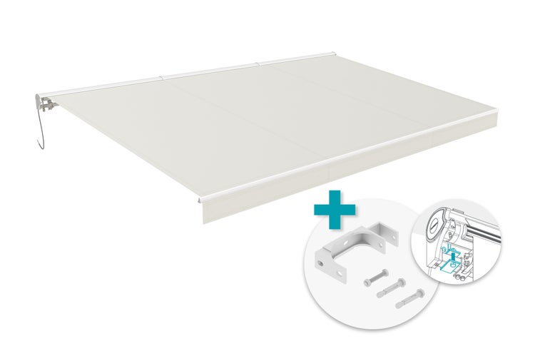 Gelenkarmmarkise im ausgefahrenen Zustand mit Montagematerial wie Wandhalterung und Schrauben.