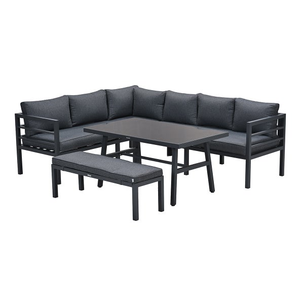 Gartenmöbel-Set aus Metall mit Ecksofa, Esstisch und Sitzbank inklusive dunkelgrauen Kissen.