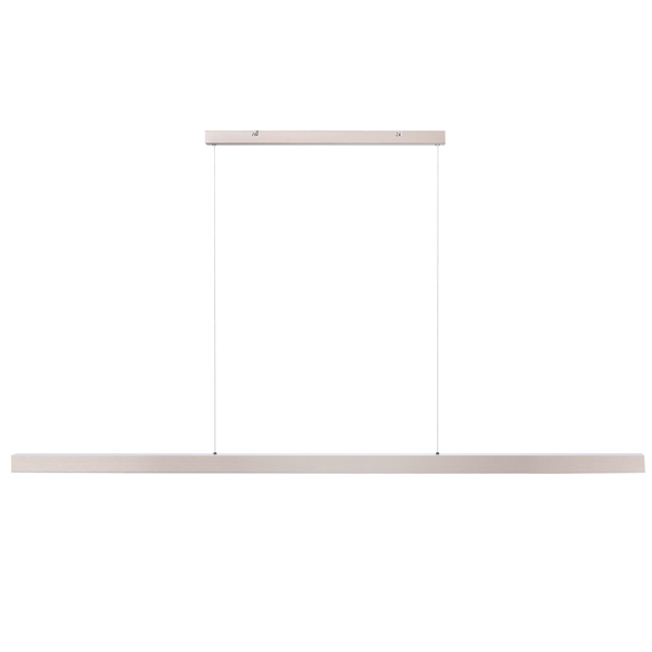 Moderne, lineare LED-Pendelleuchte aus gebürstetem Metall mit rechteckiger Deckenhalterung.