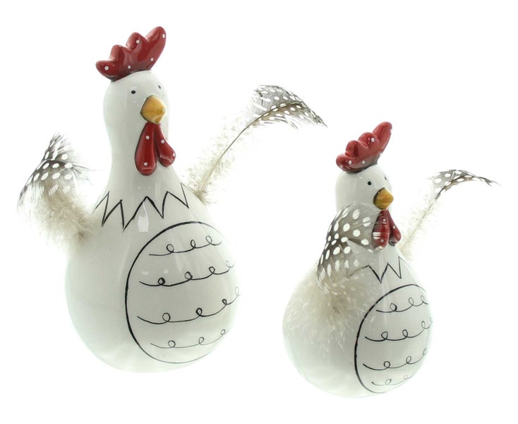FRANK FLECHTWAREN | Huhn Federn, 2er Set, PORZELLAN, 7 x 7 x 12,5 cm, 9 x 9 x 16,5 cm