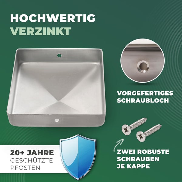 Quadratische Pfostenkappe aus verzinktem Stahl in Pyramidenform inklusive zwei Schrauben und vorgefertigten Löchern zum Schutz von Holzpfosten.