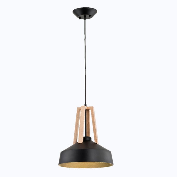 Moderne Hängeleuchte mit Metallschirm und Holzelementen