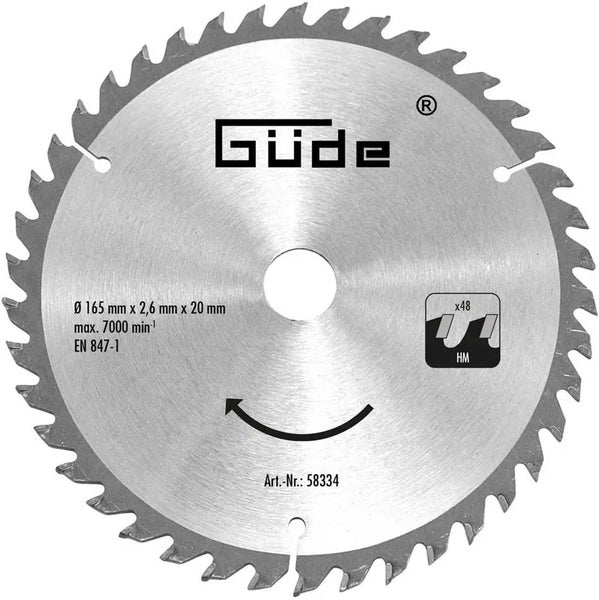 Güde Kreissägeblatt Hartmetall, 165 Millimeter Durchmesser, 2,6 Millimeter Schnittbreite, 20 Millimeter Bohrung, 48 Zähne.