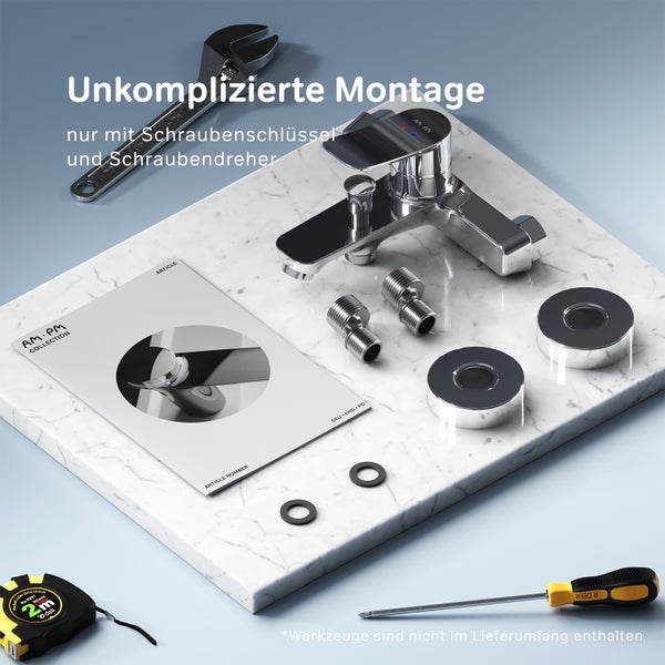 Aufbau einer Armatur mit Schraubenschlüssel, Schraubendreher und Montageanleitung