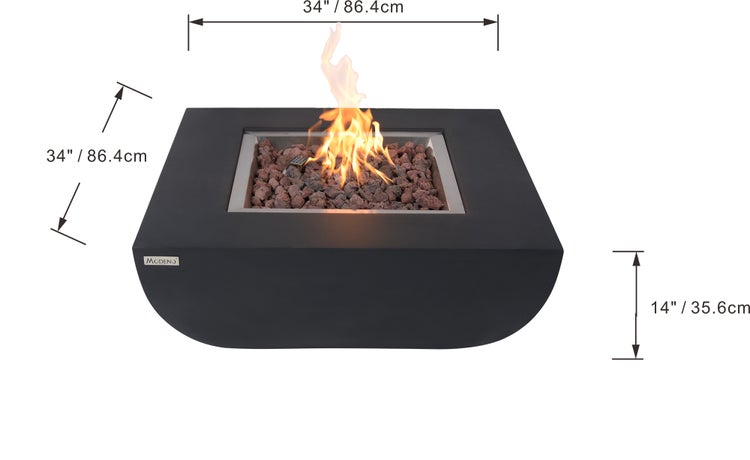 Quadratische Gas-Feuerstelle mit Lavasteinen und Flamme, Maße 86,4 Zentimeter Breite und Tiefe sowie 35,6 Zentimeter Höhe. Modeno Logo.