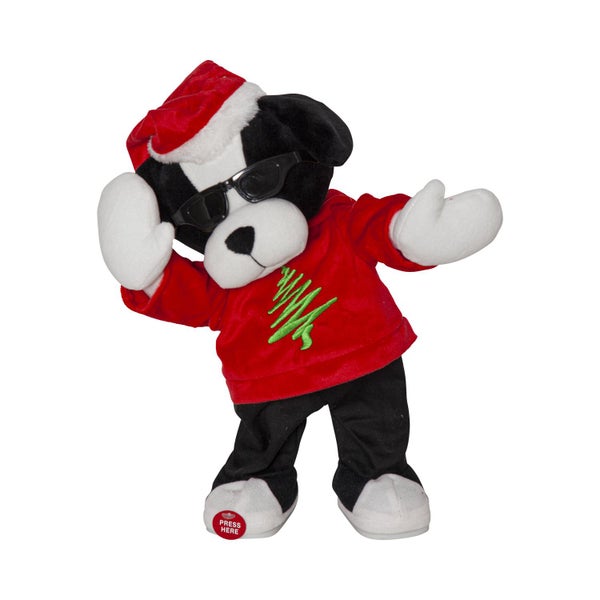 Tanzender Plüschhund mit Weihnachtsmütze, Sonnenbrille und Weihnachtspullover