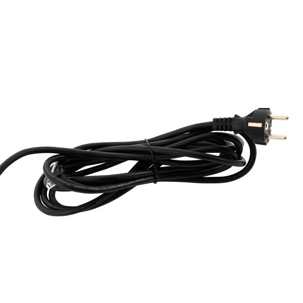 Schwarzes Netzkabel mit Schukostecker, aufgerollt.