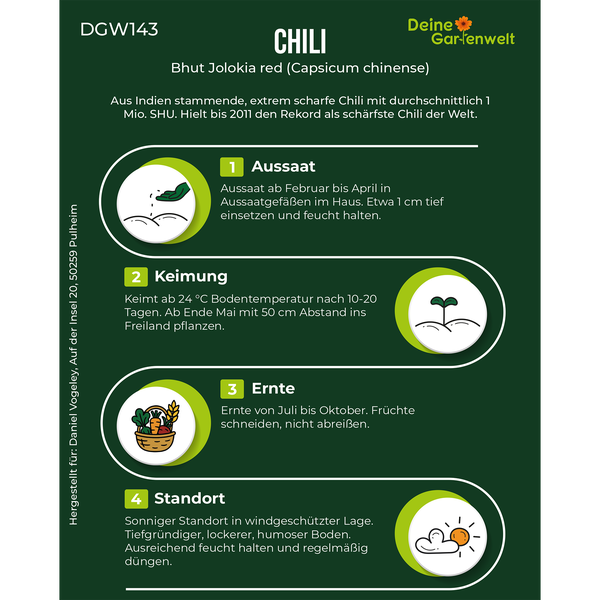 Pflanzanleitung für Chili Bhut Jolokia rot mit Informationen zu Aussaat, Keimung bei 24 Grad Celsius, Ernte und Standort.