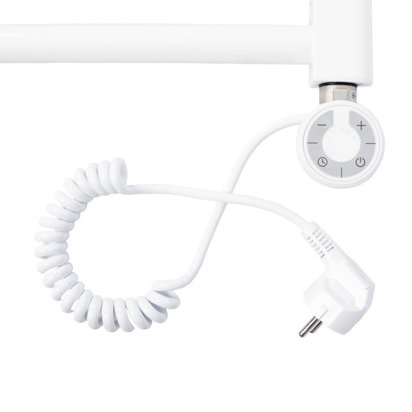 Weiße elektrische Heizpatrone für Badheizkörper mit spiralförmigem Kabel, Stecker und runder Steuerungseinheit mit Plus-Minus-Tasten.