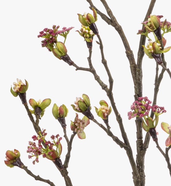 Künstlicher Dekozweig mit gelben Blüten und Knospen.