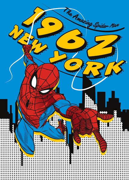 Illustration von Spider-Man vor dem Hintergrund von New York und der Jahreszahl 1962