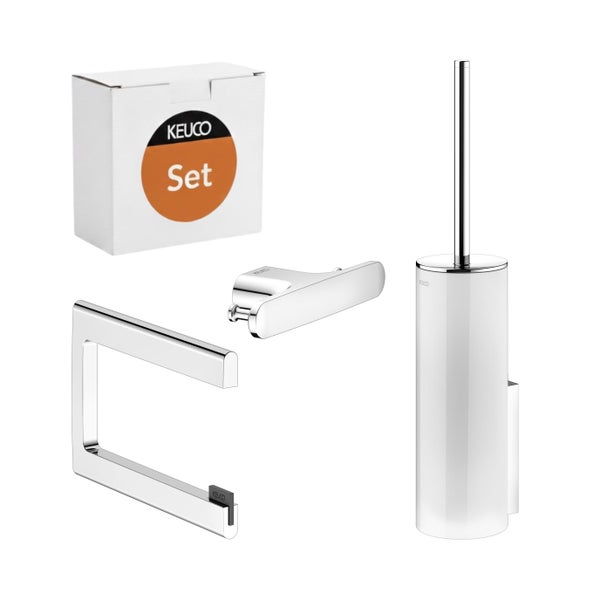 Keuco Badaccessoire Set bestehend aus Toilettenpapierhalter, Handtuchhalter und WC-Bürstengarnitur aus Metall mit Keuco Logo.