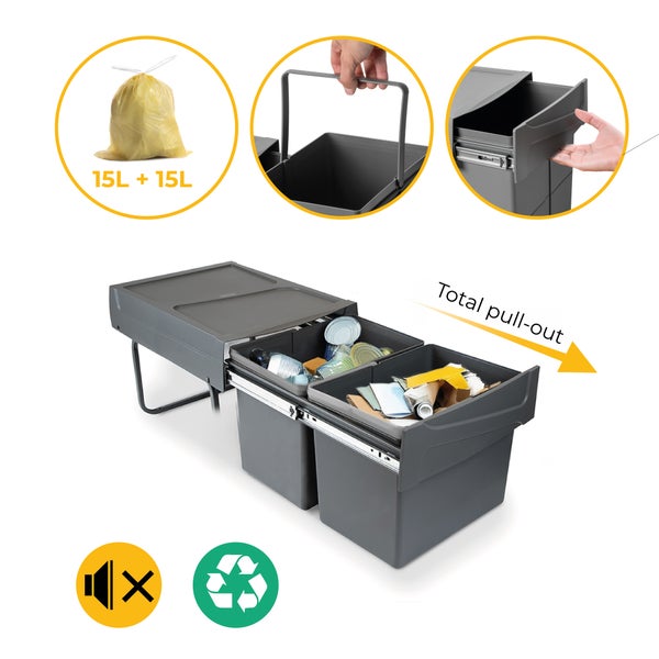 Mülltrennsystem für Küchenschränke, zwei graue Eimer mit je 15 Liter Fassungsvermögen, Vollauszug, geräuschloses Schließen und Recycling-Eignung.