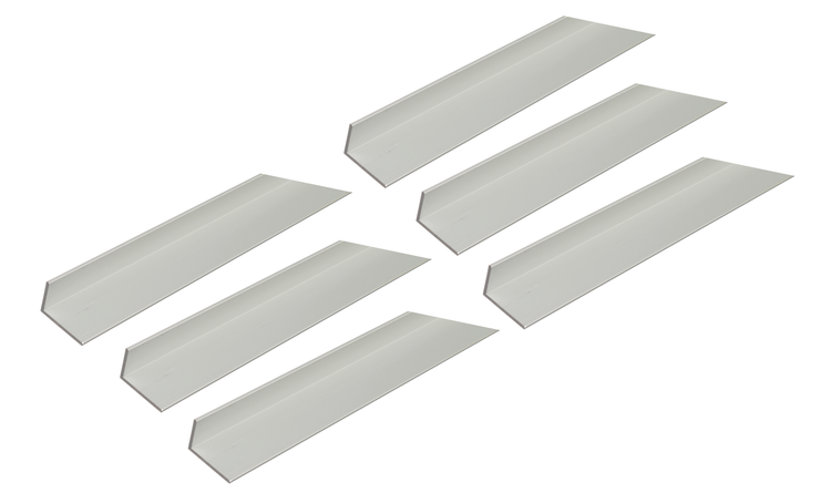 Fünf L-Profile aus Aluminium in Winkelausführung für den Heimwerkerbedarf.