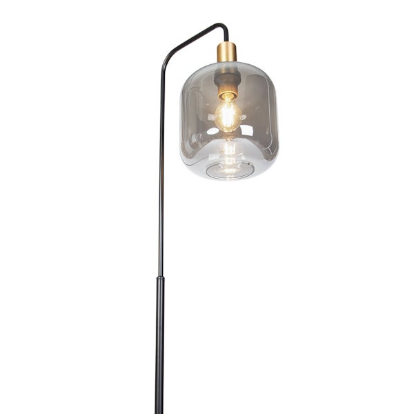 Stehleuchte mit schwarzem Metallgestell, rauchgrauem Glasschirm und goldfarbener Fassung