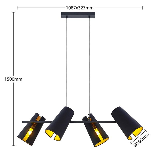 Hängelampe mit vier Leuchten und den Maßen 1087 x 327 Millimeter und 1500 Millimeter Höhe
