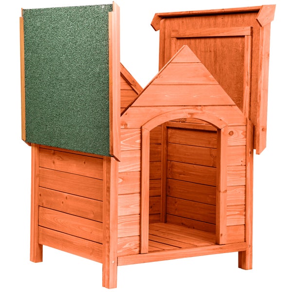 Hundehütte aus Holz mit hochklappbarem Dach