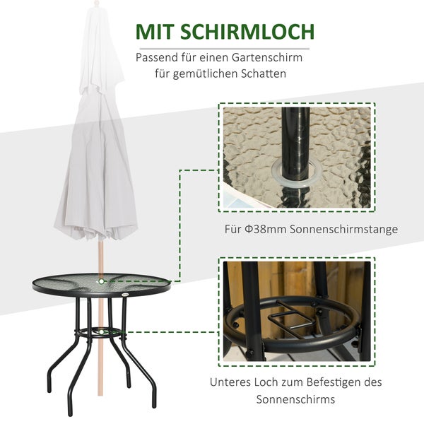 Outsunny Gartentisch, Beistelltisch mit Schirmloch,  Ø80 x 72 cm, Hartglas + Metall, Schwarz