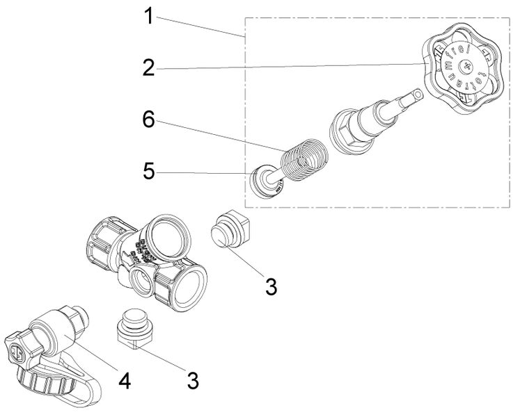 Technische Explosionszeichnung eines Ventils mit nummerierten Einzelteilen wie Handrad, Feder und Ventilgehäuse.