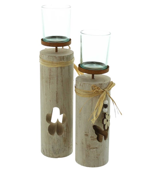FRANK FLECHTWAREN | Windlicht Blüten, 2er Set, HOLZ, METALL, GLAS, BAST, 8 x 8 x 30 cm, 8 x 8 x 35 cm