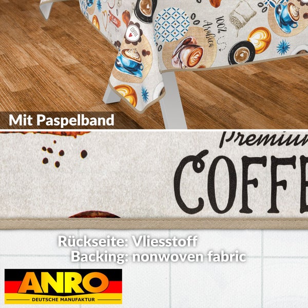 Tischdecke mit Kaffeemotiv und Paspelband sowie Rückseite aus Vliesstoff