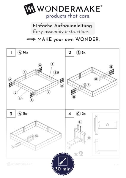 WONDERMAKE® Design Sandkasten mit Matschküche, Abdeckung OXFORD 420D, Vliesfolie, Sandkiste Holz quadratisch verschließbar Outdoor Garten für Kinder, weiß bunt