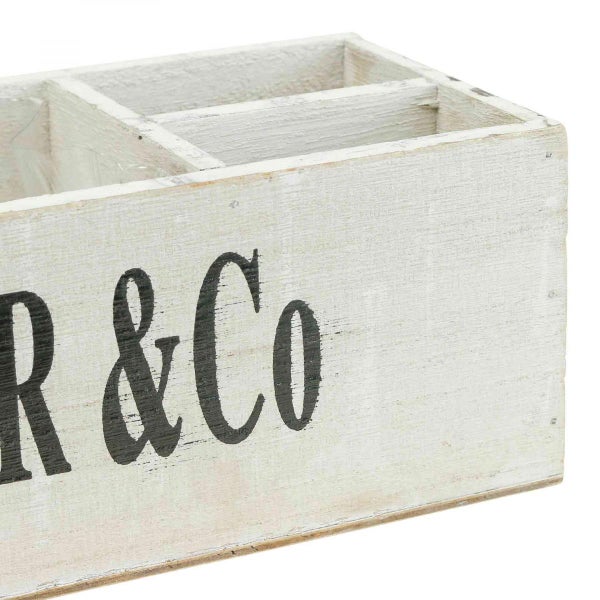 Dekorative Holzkiste mit Fächern und Aufdruck