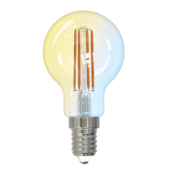 LED-Filament-Leuchtmittel in Tropfenform mit E14-Sockel, klares Glas mit Darstellung von warmweißem bis kaltweißem Licht.