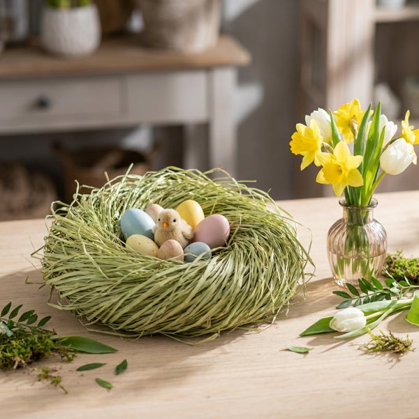Osternest aus Gras mit Ostereiern und kleiner Stoffkuh auf einem Holztisch, daneben eine Blumenvase mit Narzissen und Tulpen.