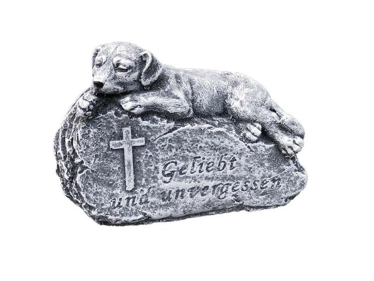Grabschmuck für Haustiere als Stein mit schlafendem Hund und Kreuz, Inschrift Geliebt und unvergessen