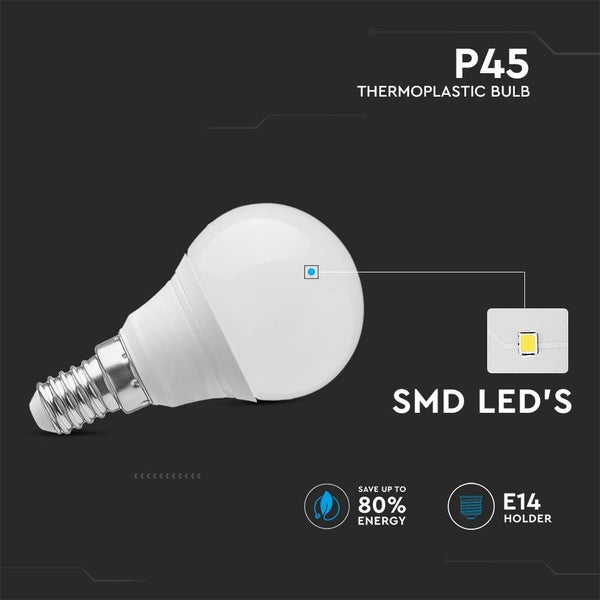 P45 thermoplastische LED-Lampe mit E14-Fassung, SMD-LED-Technik und bis zu 80 Prozent Energieeinsparung.