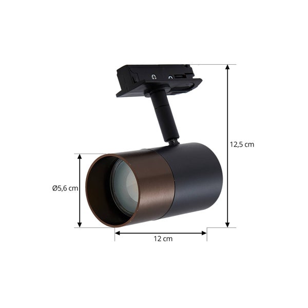 Schienenstrahler in Schwarz und Bronze mit Maßen: Höhe 12,5 Zentimeter, Länge 12 Zentimeter, Durchmesser 5,6 Zentimeter.