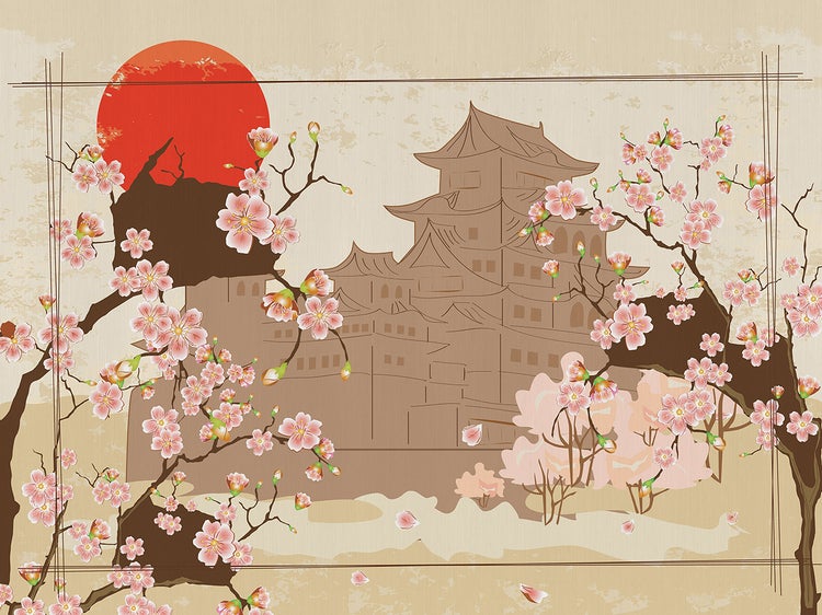 Illustration einer japanischen Burg mit Kirschblüten vor einem Sonnenaufgang