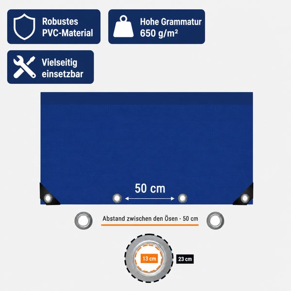 Robuste PVC Abdeckplane mit 650 Gramm pro Quadratmeter und Ösen im Abstand von 50 Zentimetern.