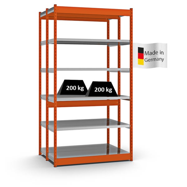 PROREGAL Fachbodenregal Stecksystem Vierkant-Profil Grundregal HxBxT 250 x 132,5 x 40 cm 2x6 Ebenen Doppelseitige Bauart Fachlast 200 kg Orange