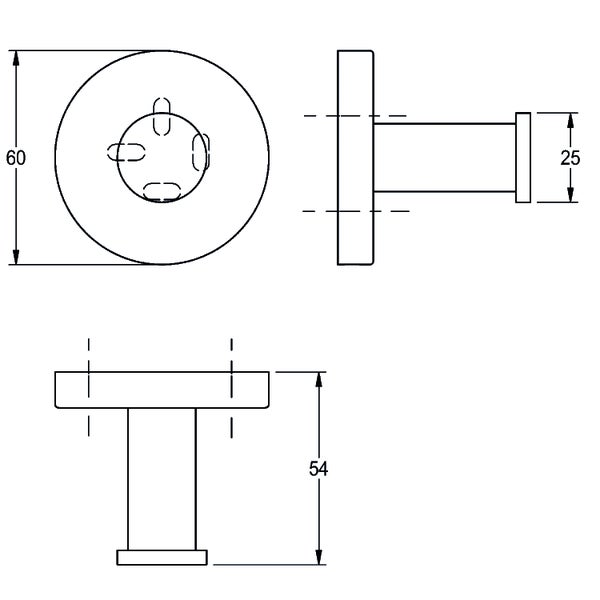 Technische Zeichnung eines Wandhakens mit Maßen: Basisdurchmesser 60, Gesamthöhe 54 und Kopfdurchmesser 25.