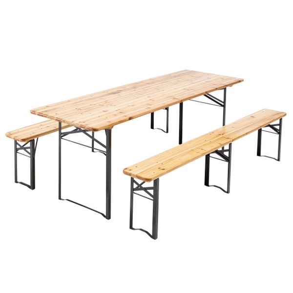 Klappbarer Festzelttisch mit Holzplatte und schwarzem Metallgestell