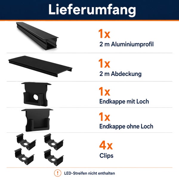 Lieferumfang für LED Profil Set mit zwei Meter Aluminiumprofil, Abdeckung, Endkappen und Befestigungsclips, ohne Leuchtmittel.