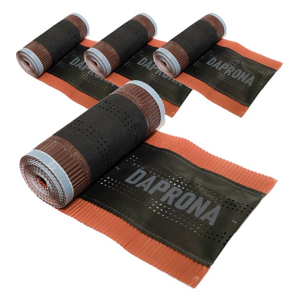 4er-Set Daprona First- und Gratrollen zur Dachbelüftung, aus atmungsaktivem Gewebe mit plissierten Aluminiumrändern.