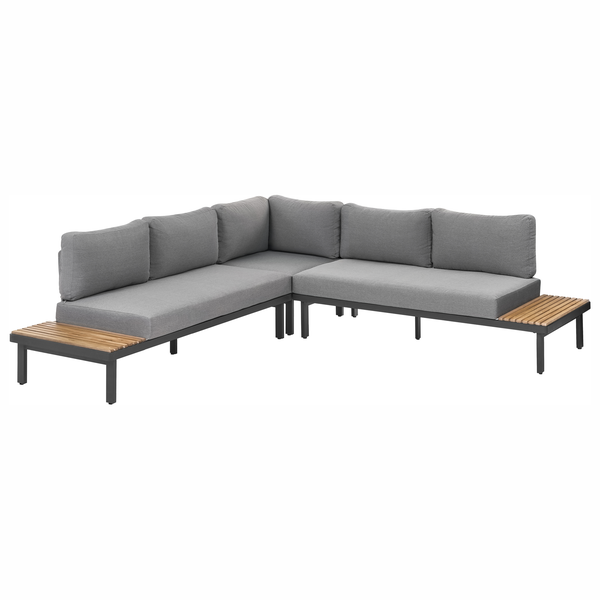 Ecklounge Set für den Garten mit Metallgestell, Polsterauflagen und integrierten Holzablageflächen an den Enden.