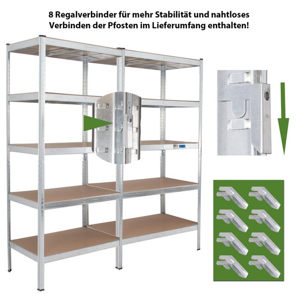 Metallregal mit acht Regalverbindern zur Pfostenverbindung für verbesserte Stabilität und nahtlosen Zusammenbau.