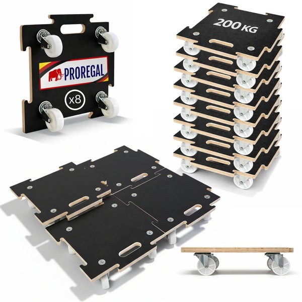 Set mit 8 Transportrollern von Proregal, Traglast 200 Kilogramm pro Stück, koppelbare Rollbretter mit Lenkrollen, Proregal Logo.