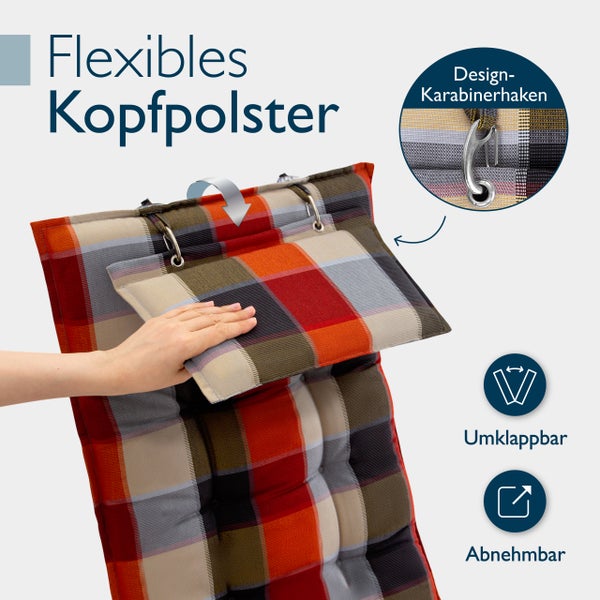 Gepolsterte Gartenstuhlauflage mit flexibler Kopfstütze und Design Karabinerhaken