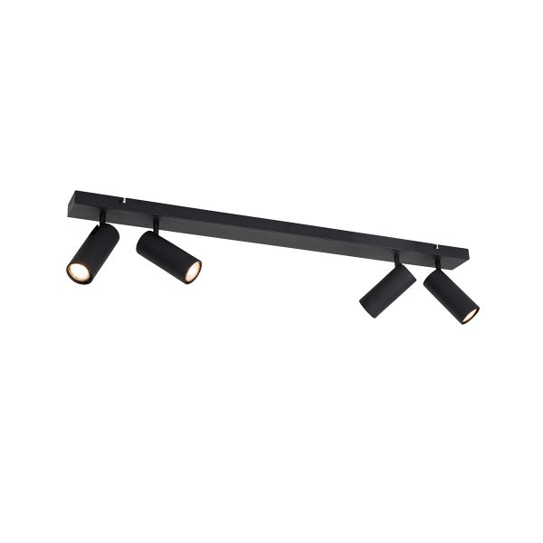 Schwarze Deckenleuchte mit vier Strahlern zur Innenraumbeleuchtung.